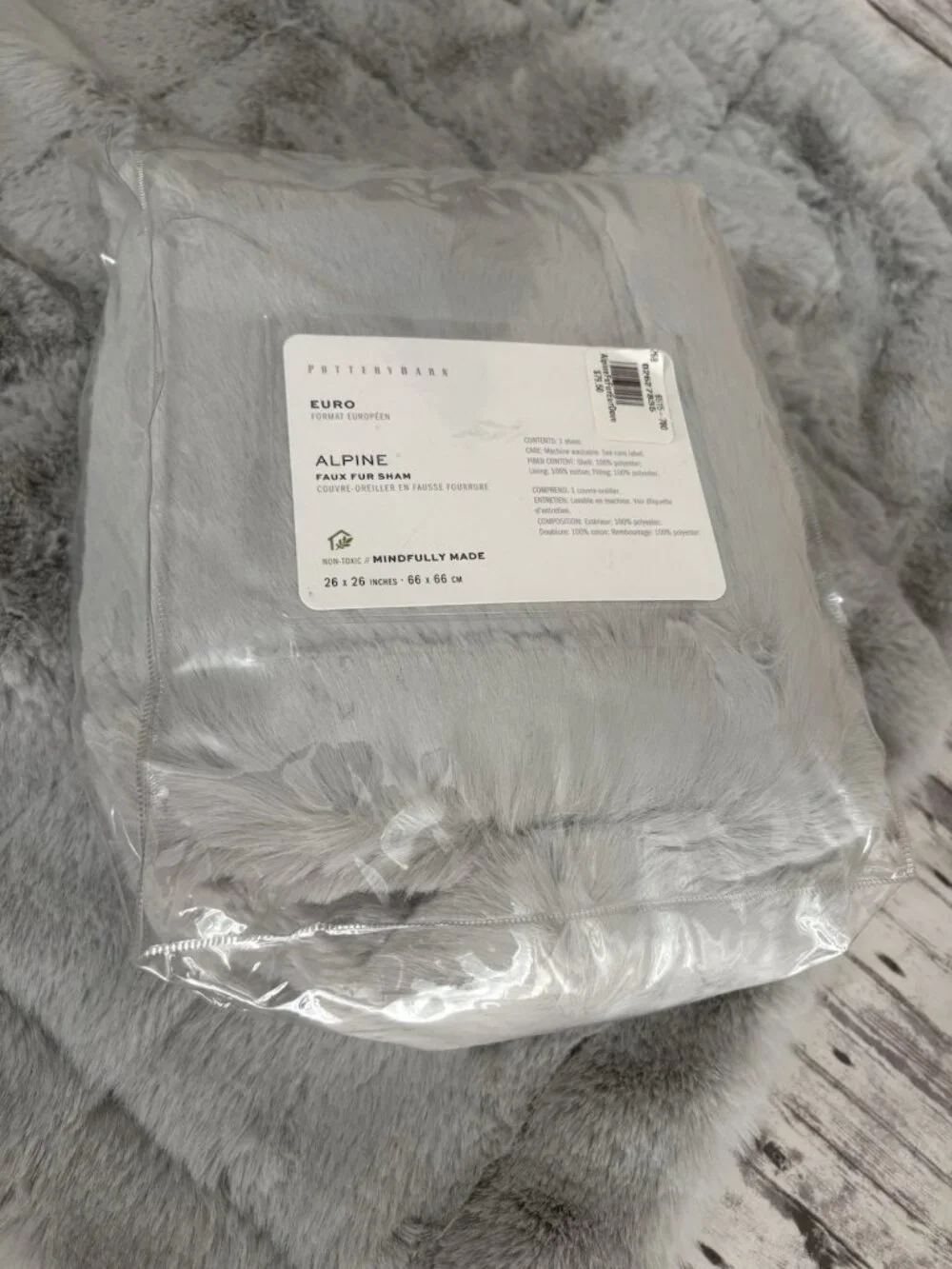 Pottery Barn Alpine PAIR Faux Fur EURO Pillow Shams Grey NEW 26”‎